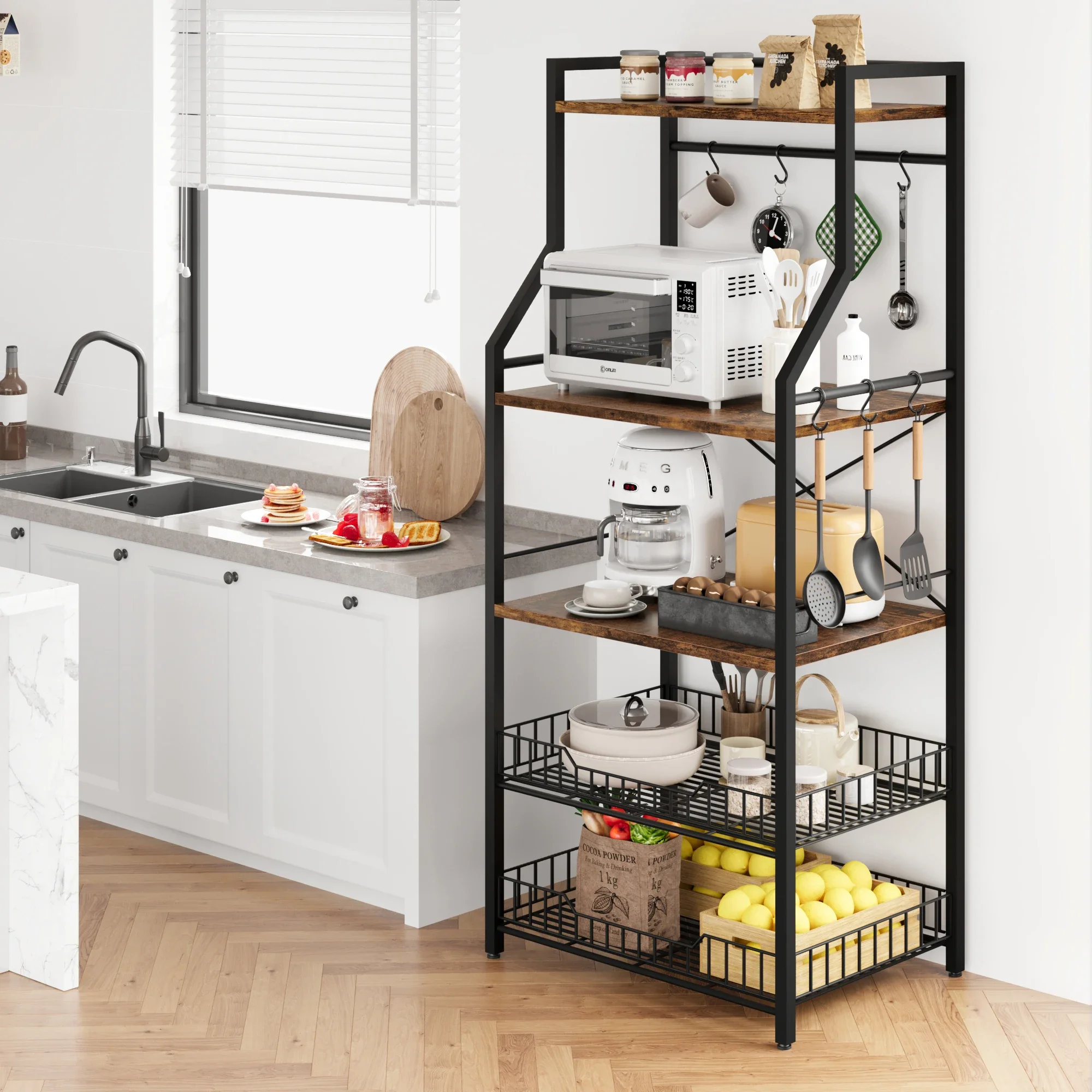 5-Tier Kitchen Microwave Rack Bakers Stand with 2 Wire Baskets Freestanding Organiser Shelf for Air Fryer Pots & Spices