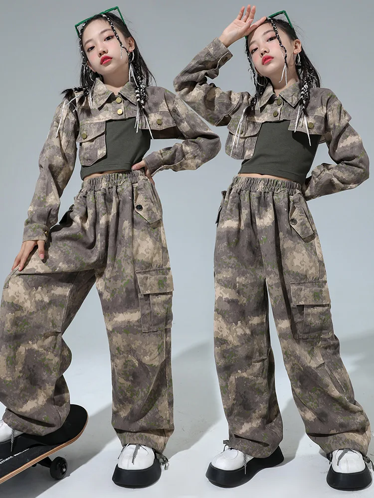 Girl Cool Hip Hop Clothing Camouflage Crop Shirt Top Casual Flap Pockets Tactical Cargo Pants for Kid Jazz Dance Costume Clothes