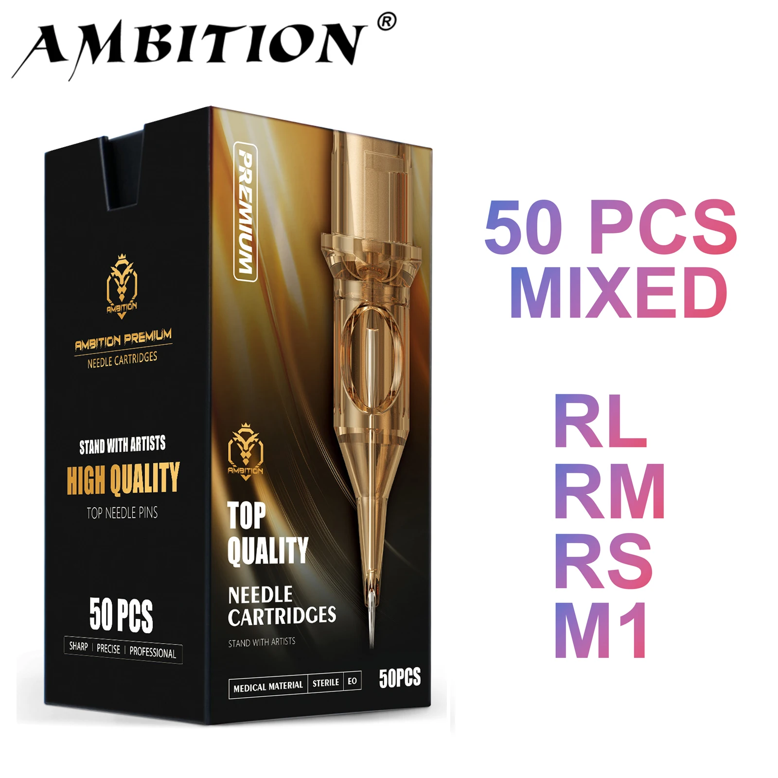 Ambition 50pcs/Box Premium Tattoo Needles Mixed Microblading Nano SMP & Semi-Permanent Tattoo Ink Cartridge Supply RL/RS/RM/M1