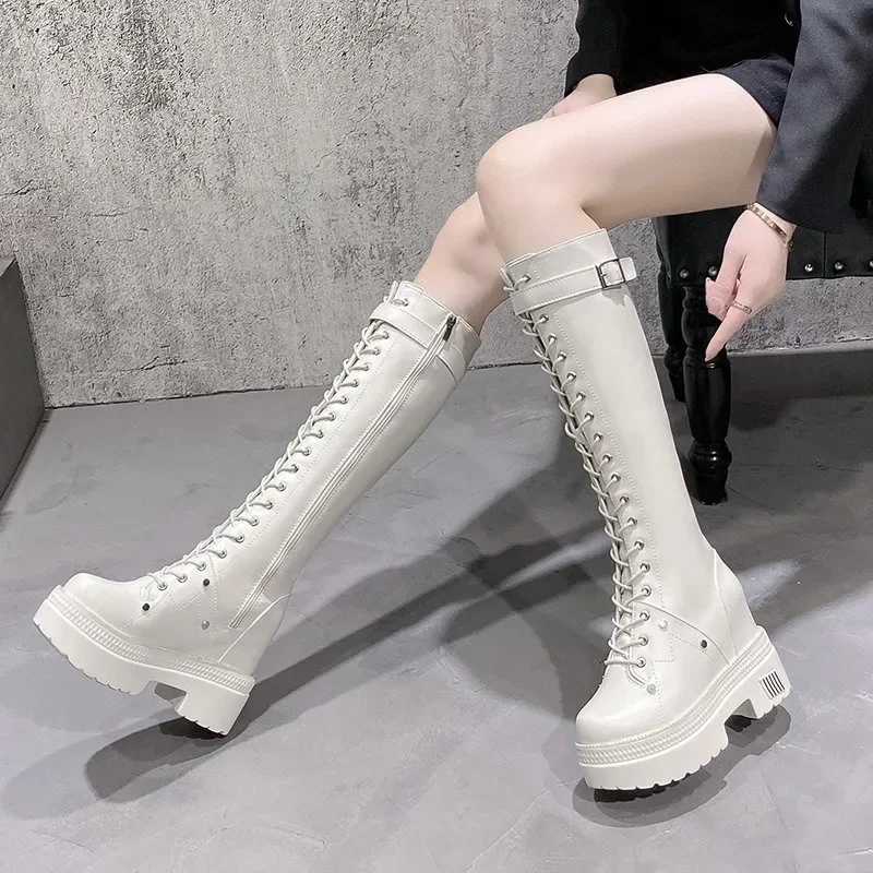 10CM New Women Platform Knee High Boots Winter Warm Plush Long Boots Leather Motorcycle Boots Lace-up Chunky Sneakers High Heels