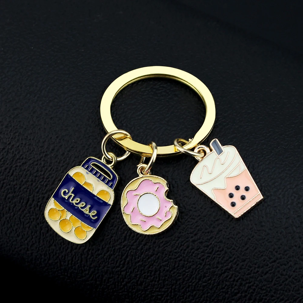 Cute Bubble Tea Cheese Donuts Keychain Enamel Kawaii School Bag Pendant For Girl Friend Cute Key Accessories Gifts ﻿