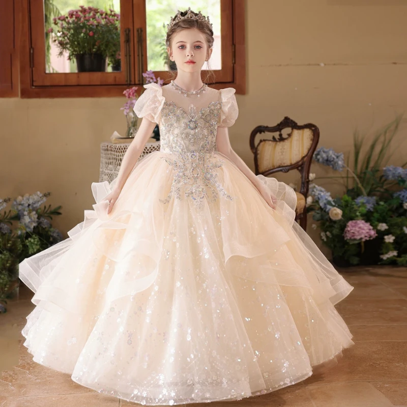 2026 Children Girls Champagne Long Princess Elegant Dress Kids Piano Performance Pageant Costume Gown Host Runway Birthday