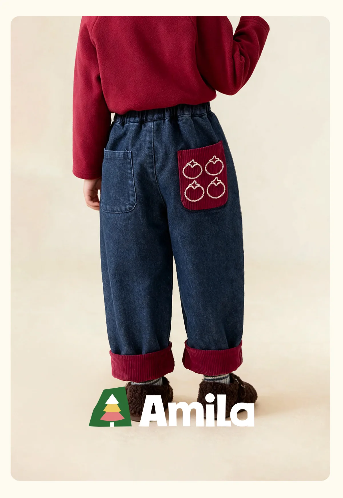 Amila 2026 Kinder Winter Denim-Plüsch-Freizeithose Rot Gestrickte Beine mit Bündchen Fruchtmuster Gesäßtasche Modisch und Niedlich – Detail 1