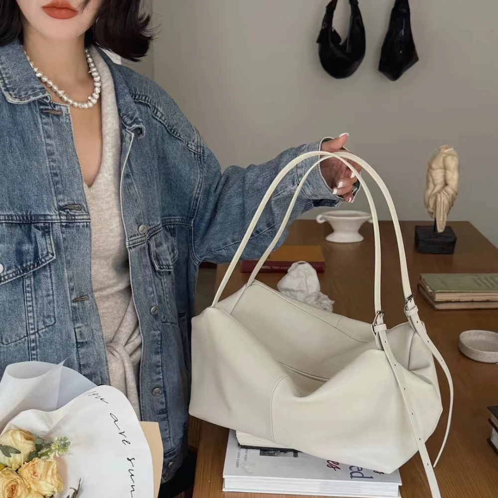 Top Trends Stylish Fine Workmanship Large Women Tote Beige Glossy Cow Leather Women Armpit Shoulder Bag Big Travel Handbag