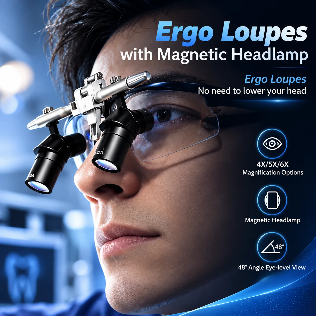 4X/5X/6X Dental Ergo Loupes 48° Ergonomic Surgical Magnifier Binocular Loupes With Headlight Dentistry Lab Optical Loupe Tools