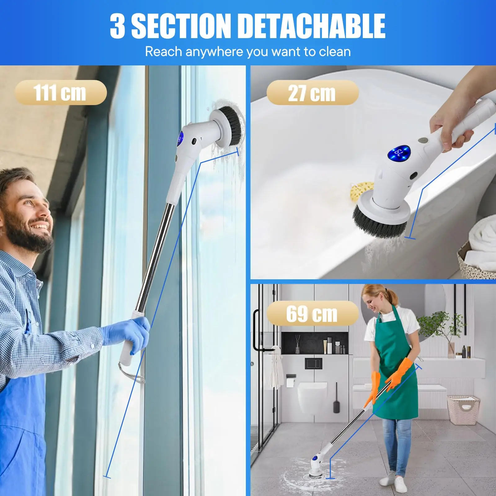Electric Spin Scrubber Turbo Cleaning Brush with Adjustable Handle 7 Replacement Heads for Kitchen Bathroom