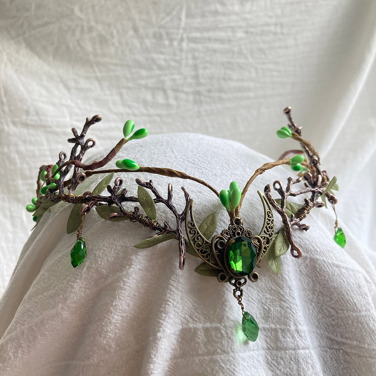 Handmade Enchanted Forest of Leaves Moon Woodland Tiara elf Elven Headpiece Fairy Crown Elvish Tiara with Branches Moon Dragon