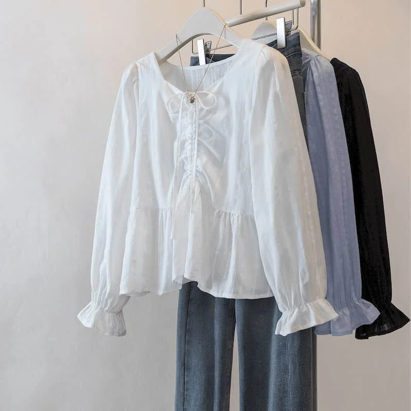 Shirts Women Slimming Vintage Long Sleeve O-neck Drawstring Casual French Style One-piece Blouse 2026 Autumn Fashion Women Tops