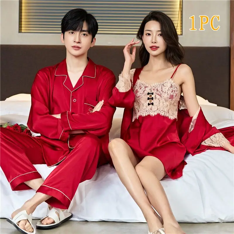 Men Women High Quality Satin Couple Pajamas Gown Set Sexy Hollowout Lace  Spaghetti Straps V-Neck Long Sleeves Pants Loungewear