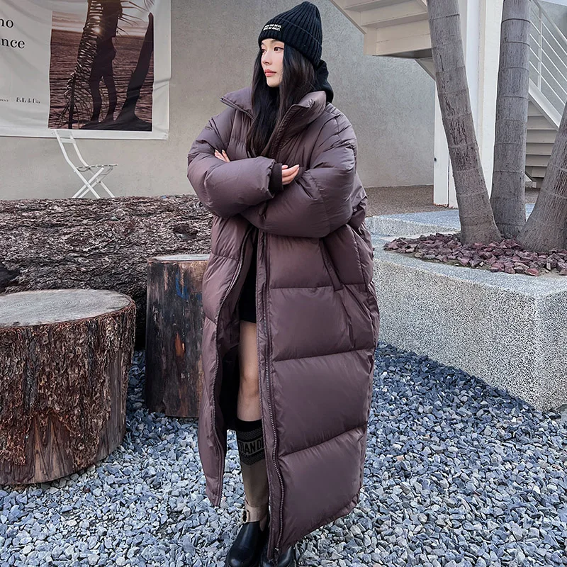 Abrigo largo de plumón de pato para mujer, chaqueta con cuello levantado, diseño de moda, largo hasta el tobillo, holgado, blanco, invierno, 2023
