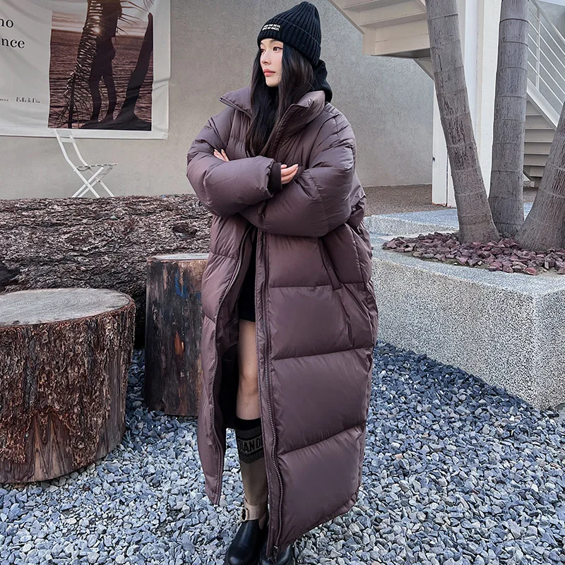 Abrigo largo de talla grande para mujer, chaqueta con cuello levantado, moda súper larga hasta el tobillo, abrigo holgado de plumón de pato blanco