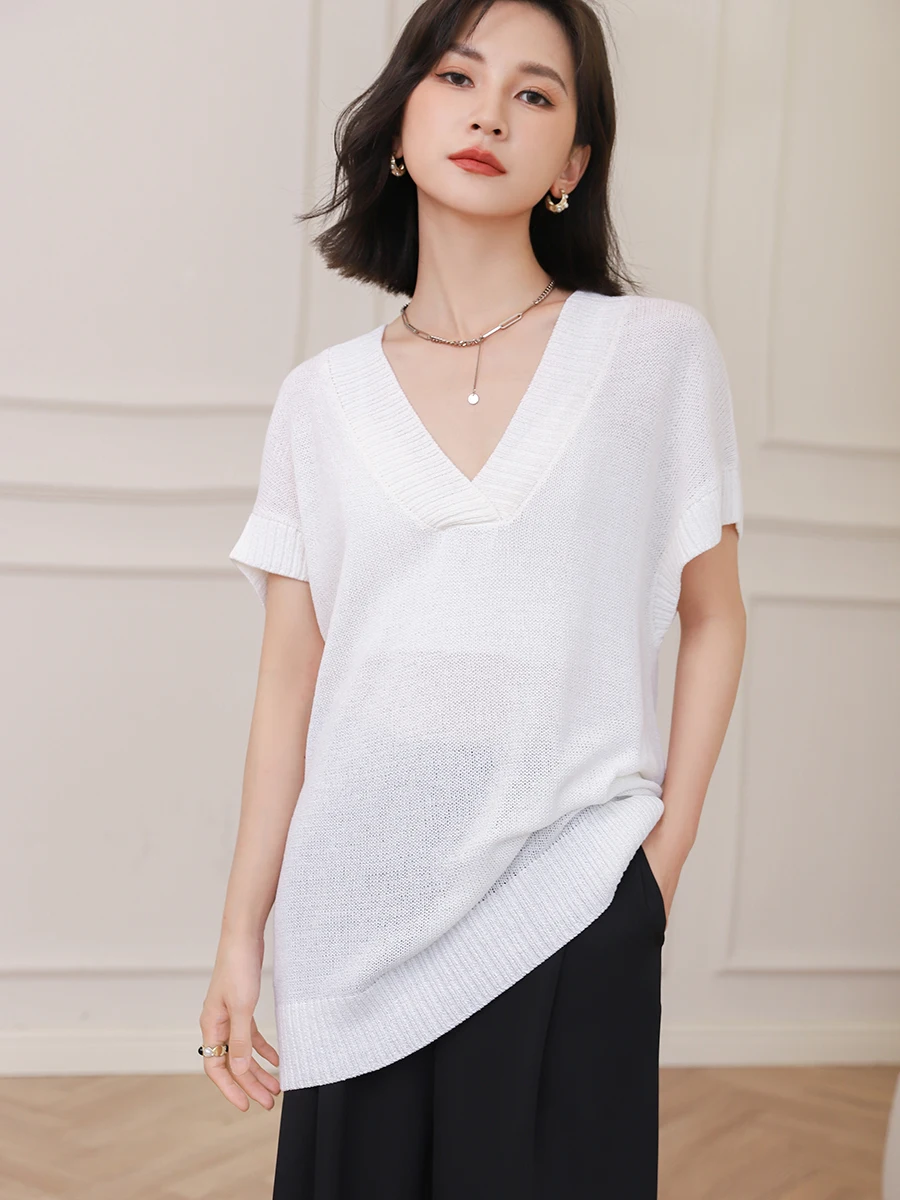 

Женская летняя футболка Dianthia из ледяного шелка, трикотажная, с коротким рукавом, свободного кроя, стройнящая, универсальная, с V-образным вырезом, дышащая, комфортная, базовая