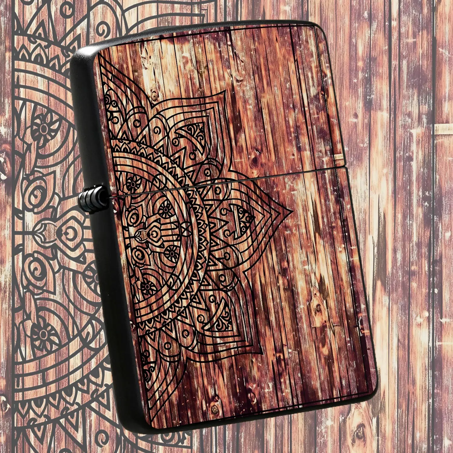 Vintage Distressed Wood Texture Mandala Flower Pattern Lighter, Artistic PORTABLE Ignition Accessory for Daily Use Camping Gatherings, Universal Stylish Practical Ornament for All Scenarios, Exotic Decorative Present f A Humorous And Intere