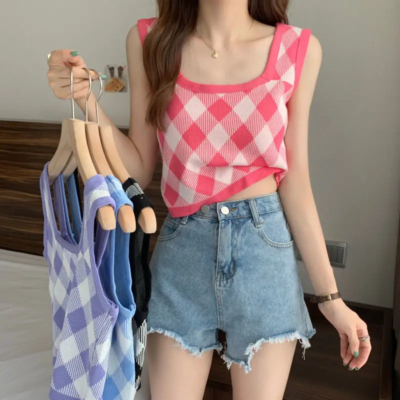 Retro Fashion Plaid Knitting Tank Top Summer New Women Clothing Sweet All-match Elasticity Top Tee Female Casual Pullover Tshirt