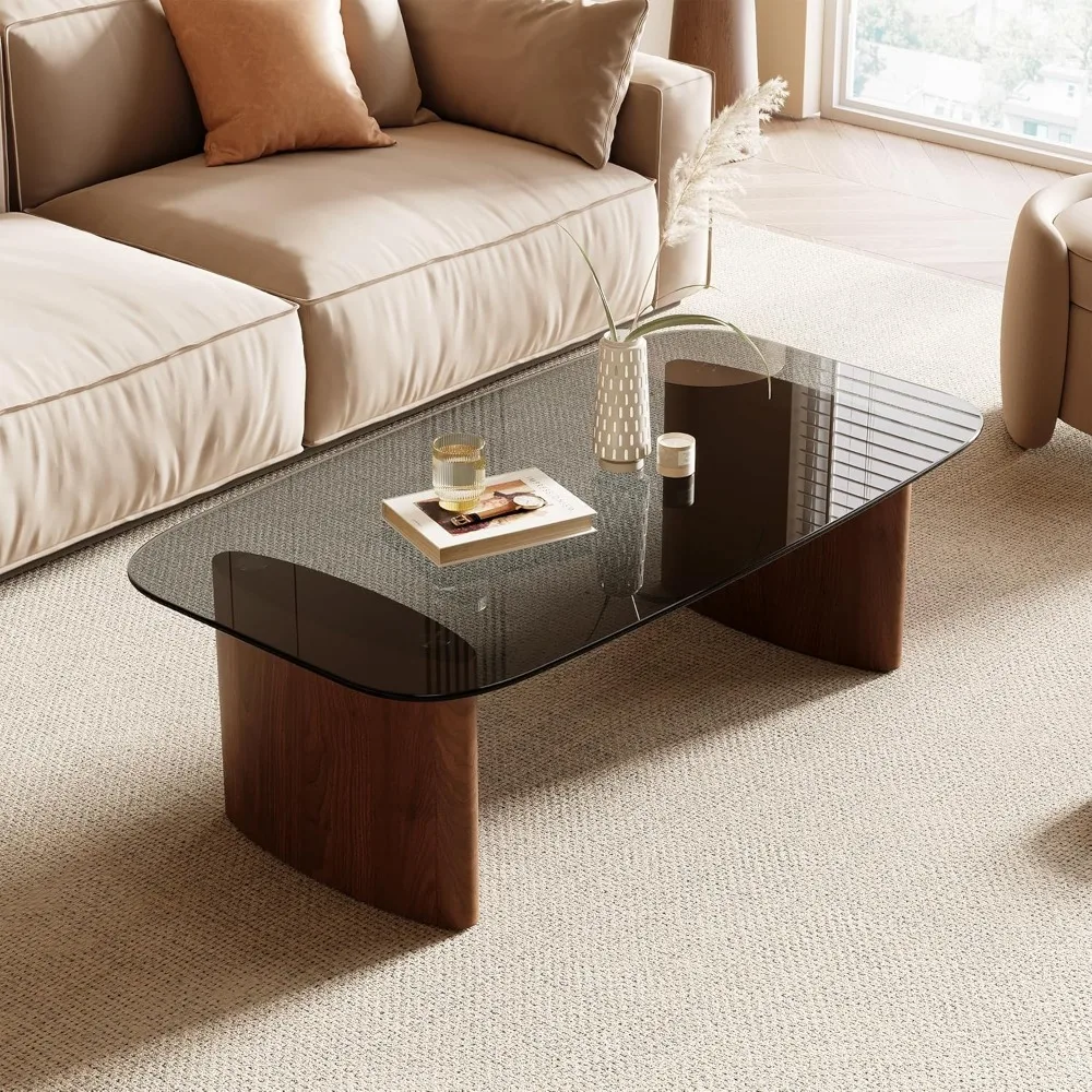 

Modern Glass Coffee Table, Coffee Table for Living Room,Tempered Glass-top with Sturdy Wooden Base, Modern Coffee Tables for Sma