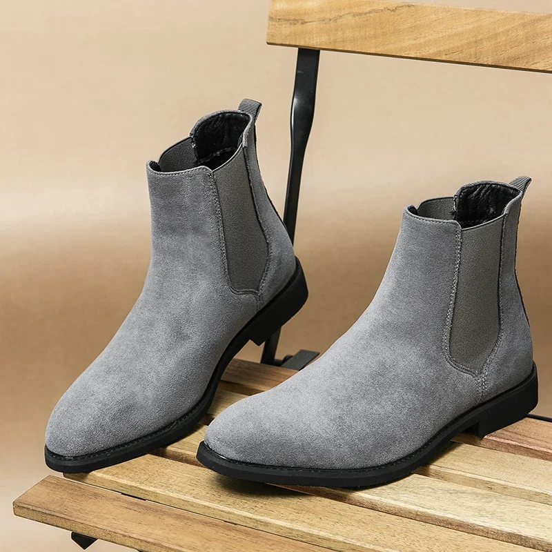 New Gray Chelsea Boots for Men Faux Suede Flock Business Mens Short Boots Ankle Boots for Men