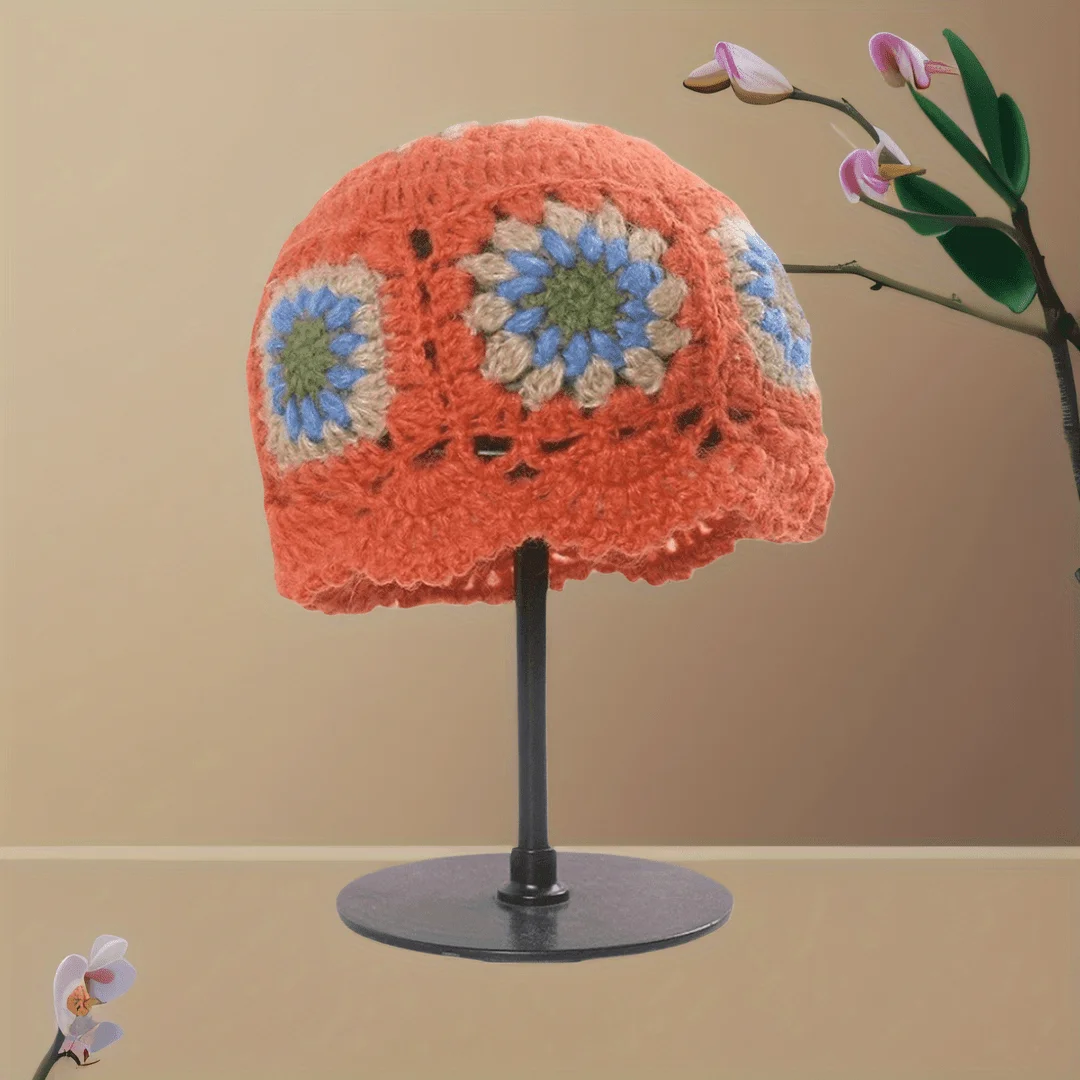 

Bohemian Knit Skull Cap Lace Edge Floral Openwork Design Breathable Comfortable for Women Girls Vintage Style