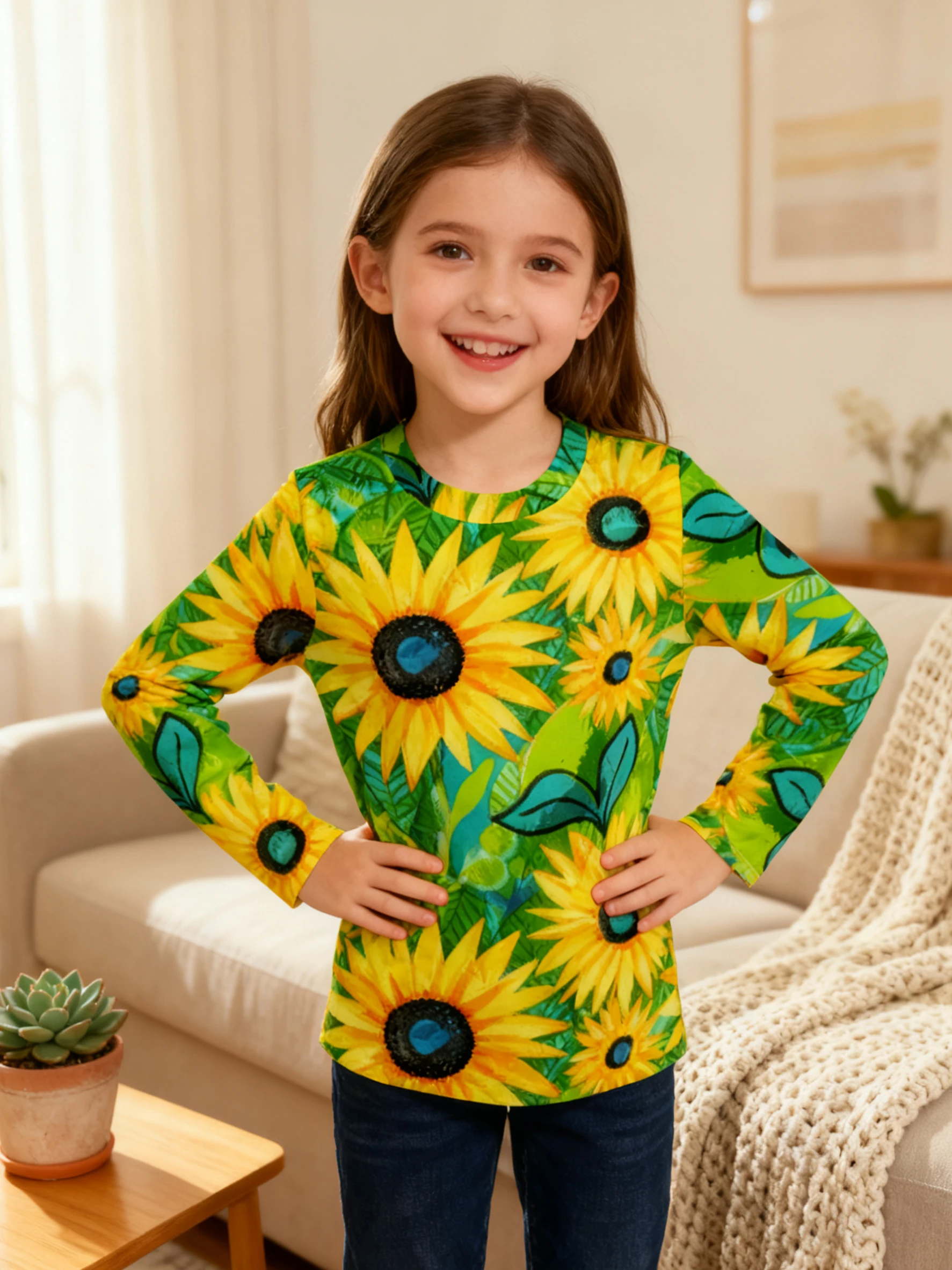 

2026 cute sunflower printed children's tops, playful texture, soft and skin-friendly
