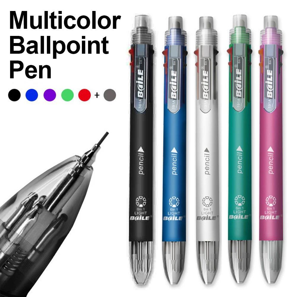 6-in-1 Multicolor Ballpoint Pen Multifunction 6 Colors Press Pens Push Pens School Stationery Office Supply