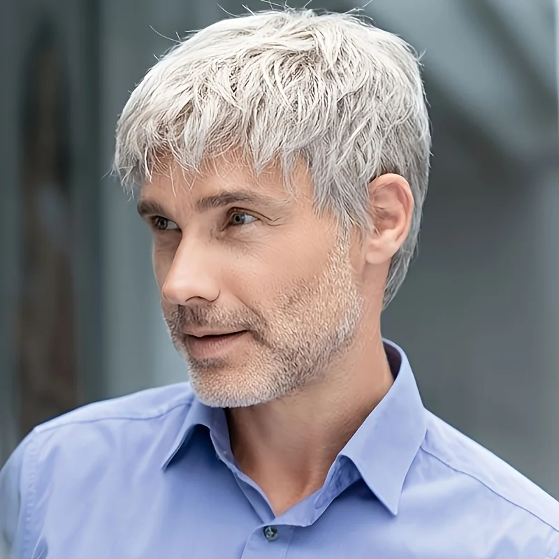 باروكة صناعية كاملة مقاومة للحرارة بطبقات باللون الرمادي الفضي للرجال - باروكة قصيرة كاملة الرأس للارتداء اليومي