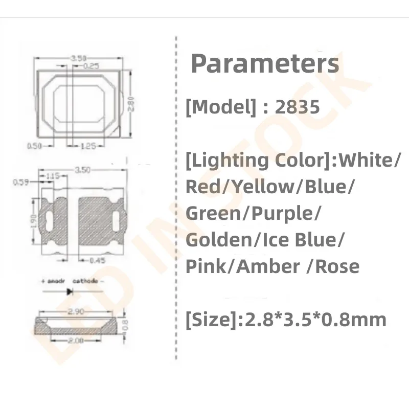 Chip LED de diodo emisor de luz, 2835 cuentas de luz de 0,2 W, mecánico rojo, amarillo, azul, verde, blanco, Blanco cálido, Morado, naranja y rosa