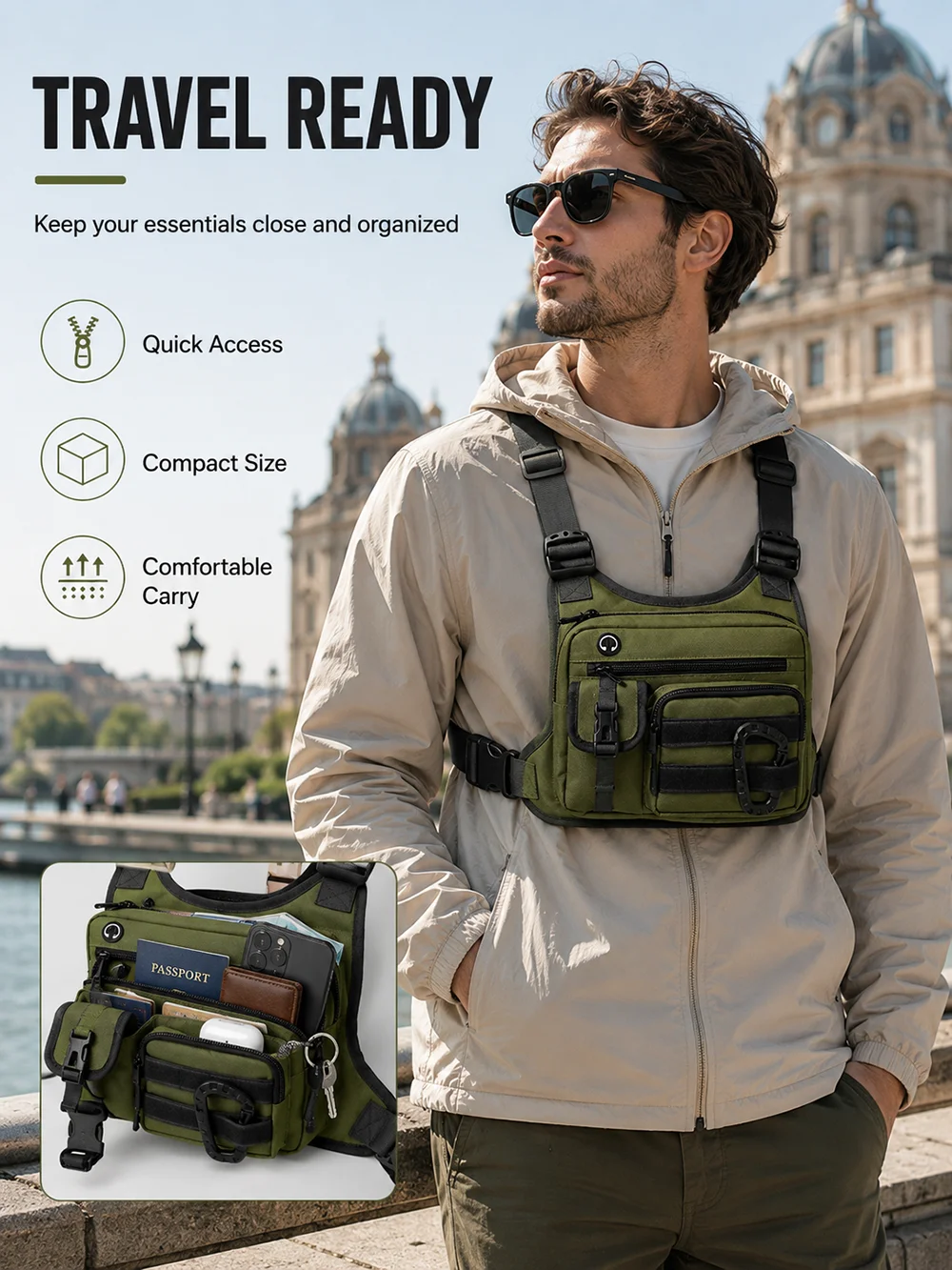 Taktische Brusttasche für Herren, EDC Diebstahlsichere Wasserdichte Brusttasche, Umhängetasche für Radfahren, Laufen, Outdoor-Aktivitäten – Detail 4