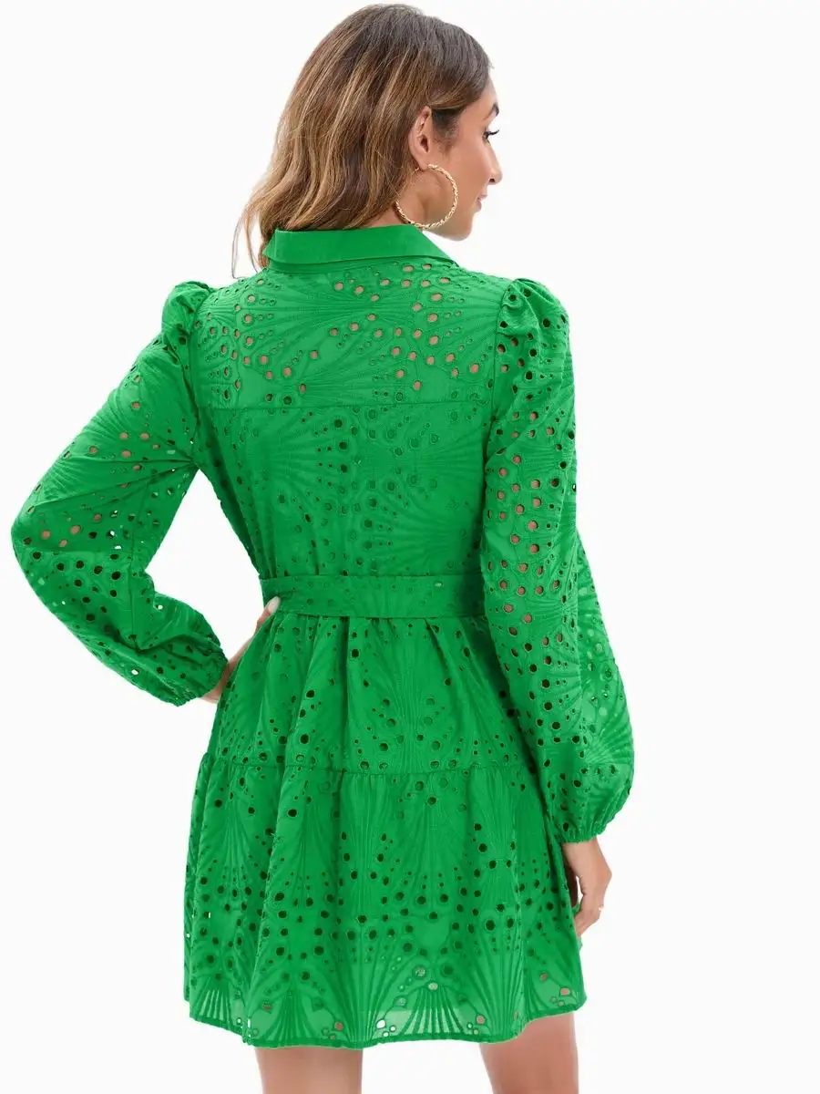 Summer Dress Women 2022 New Clothes Hollow Out Sleeve High Quality Embroidery Green Lace With Lining Side Feminino Mini Vestidos