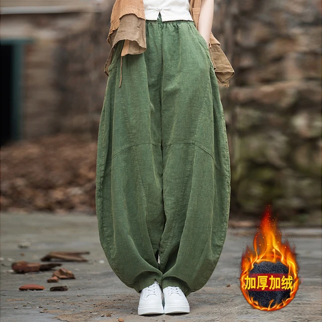 Women Cotton Linen Baggy Cargo Pants Vintage Elastic Waist Loose Casual Long Wide Leg Oversize Trousers M262
