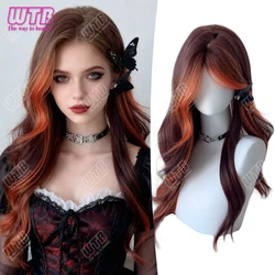 Synthetic Orange Ombre Brown Long Wavy Synthetic Wig Fluffy Lolita Cosplay Women Wig Middle Part Heat Resistant for Halloween