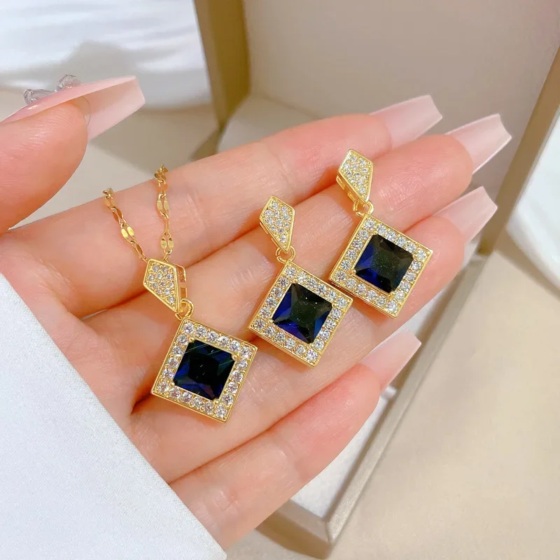 Exquisite Geometry Square Necklace Earrings Bracelet Jewelry Set Charm Ladies Jewelry Fashion Bridal Accessory Set Romantic Gift