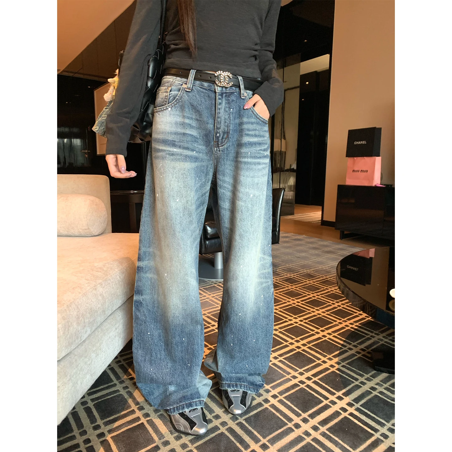 

Waed Denim Jeans Women Loose Wide Leg Pants Vintage Sle Ink Spattered Design Cotton Fabric Winter Season Casual Wear