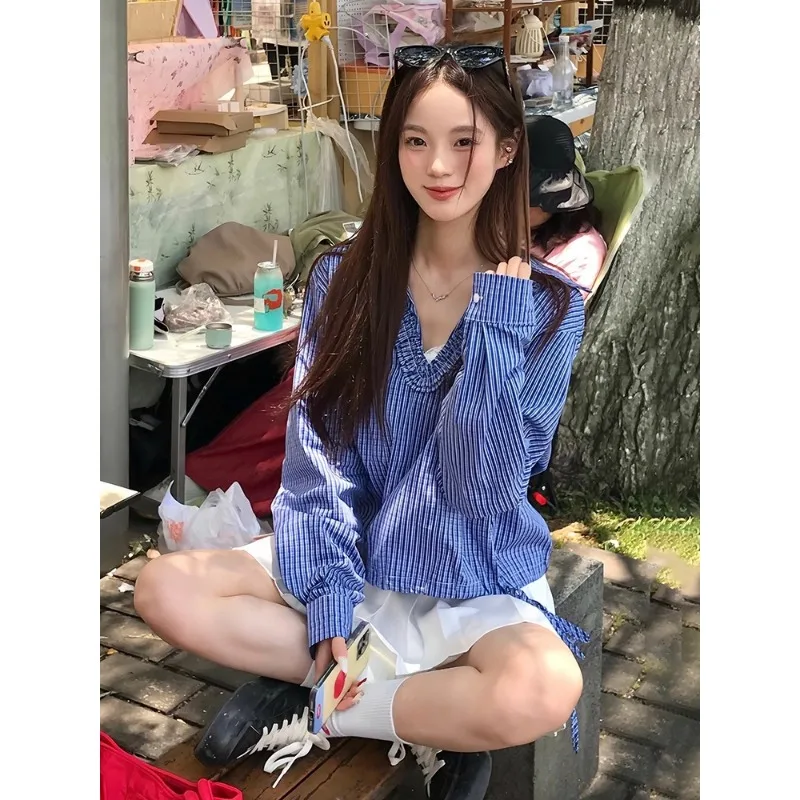 Chemise à carreaux à manches longues pour femmes, col en v, Style Preppy doux, chemise à bandes Y2K, pull brodé, mignon, confortable, haut pour femmes, printemps