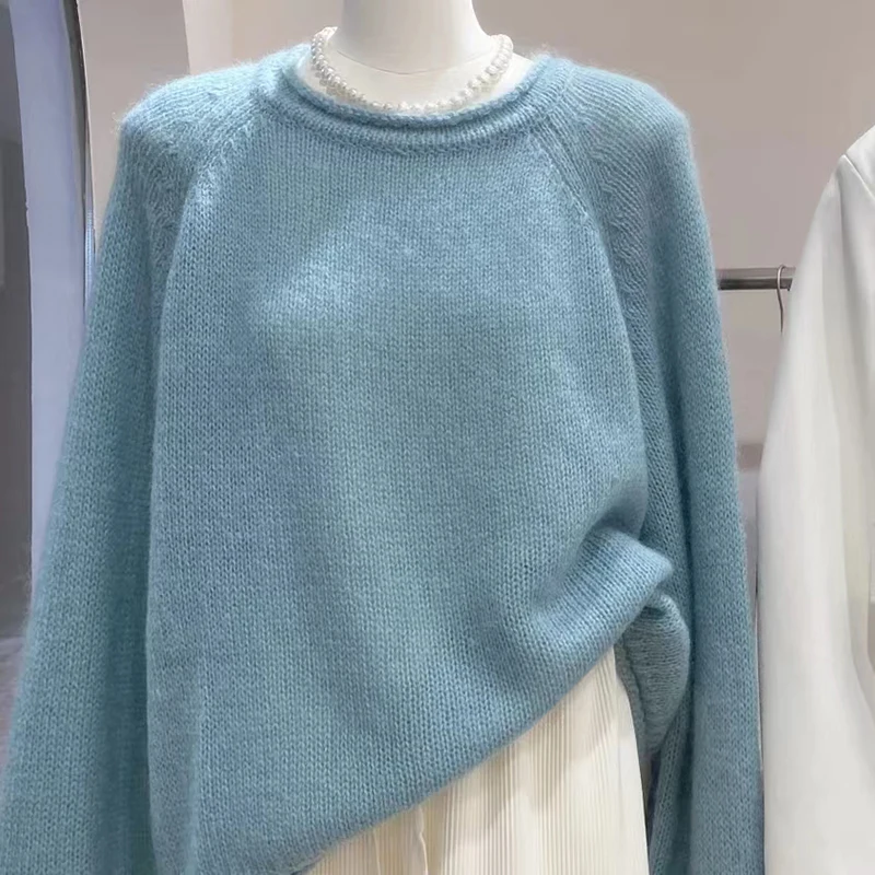 

Women's Round Neck Sweater 100 Pure Wool Solid-color Simple Soft Knitwear Autumn Winter Thick Loose Long Sleeve Warm Pullover