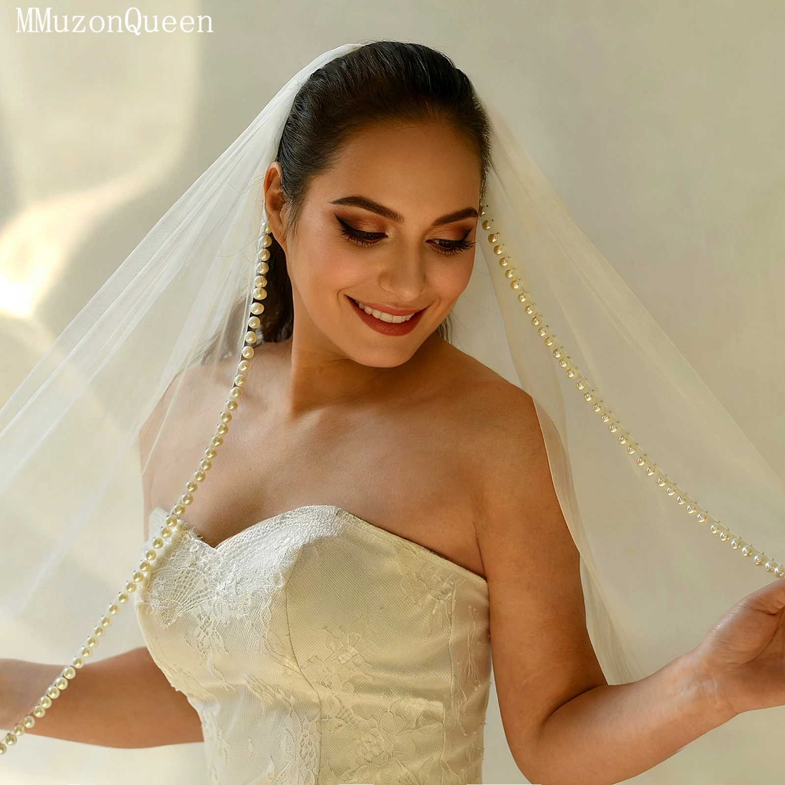 TOPQUEEN V119 أنيقة اللؤلؤ مطرز الحجاب الزفاف 1 متر طويل طبقة واحدة اللؤلؤ طرحة الزفاف اكسسوارات الزفاف للتخصيص