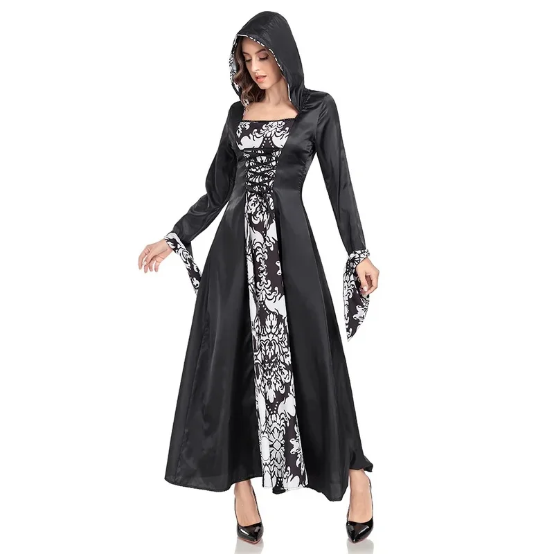 HN8 Renaissance Vampire Wizard Witch Cosplay Costume Long Sleeves Tie Waist Hooded Print Dress Vintage Medieval Palace Costu8…Gf