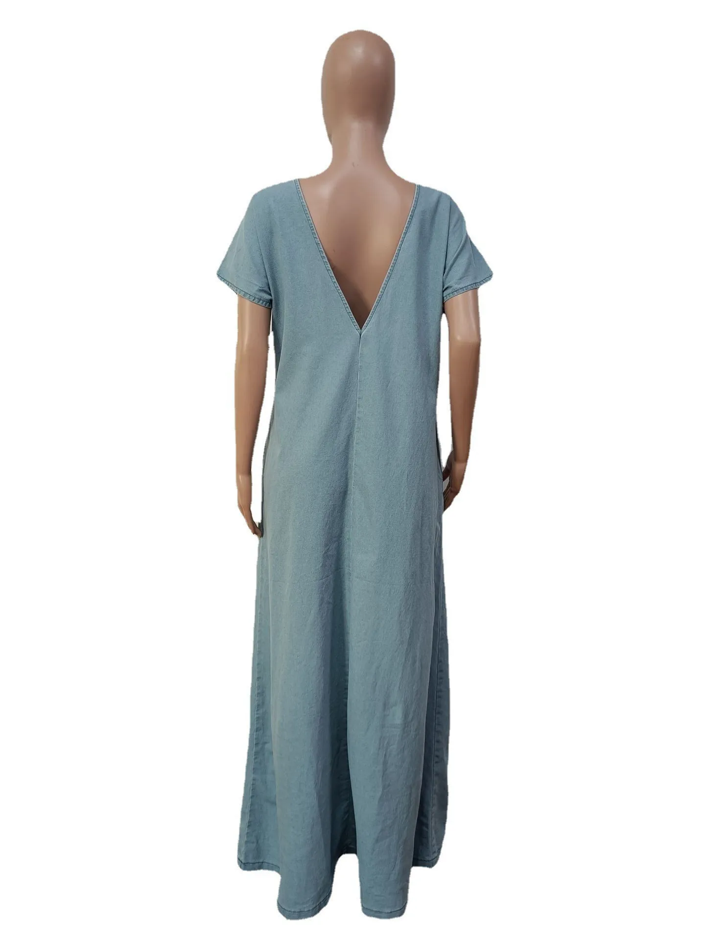 Women\'s Summer Vintage Loose Deep V Backless Dress 2024 Casual and Slouchy Denim Short Sleeve Long Viscose Women Dress LOOSE