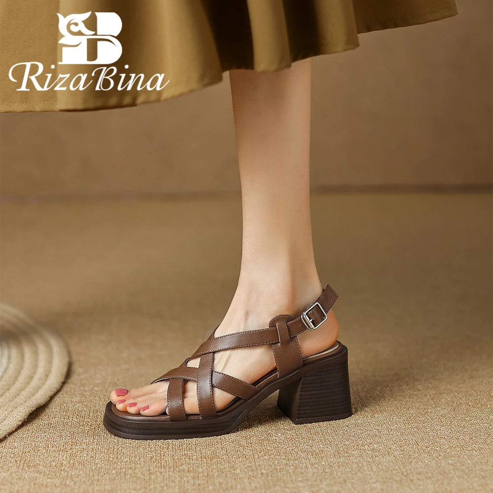 

RIZABINA Size 36-40 Women Gladiator Sandals 2024 Summer Vintage Buckle Strap Real Leather Chunky Heels Shoes Casual Daily Shoes