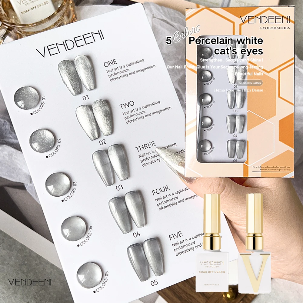 Vendeeni 5 Colors/set Glitter Porcelain White Cat Eye Gel Nail Polish UV LED Shiny Crystal Manicure Nail Varnish With Color Card
