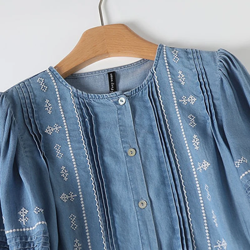 Nieuwe zomer tencel denim jurken met lantaarnmouwen, dames O-hals borduurwerk, Mori Girl Retro OL casual losse jurk D56128CC