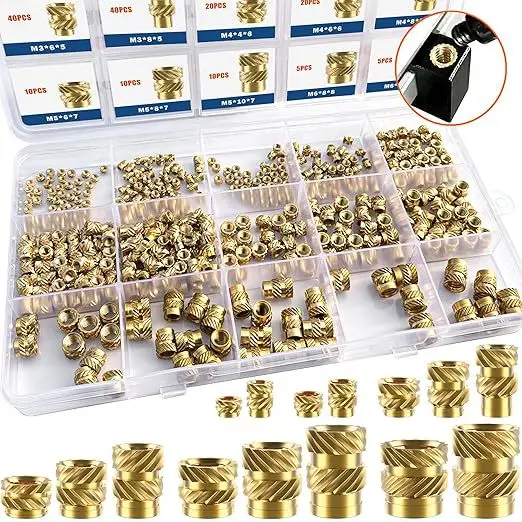M2/M2.5/M3/M4/M5/M6 Brass Knurled Insert Nuts Assortment, Metric Internal Thread Embedded Inlay Nuts Kit