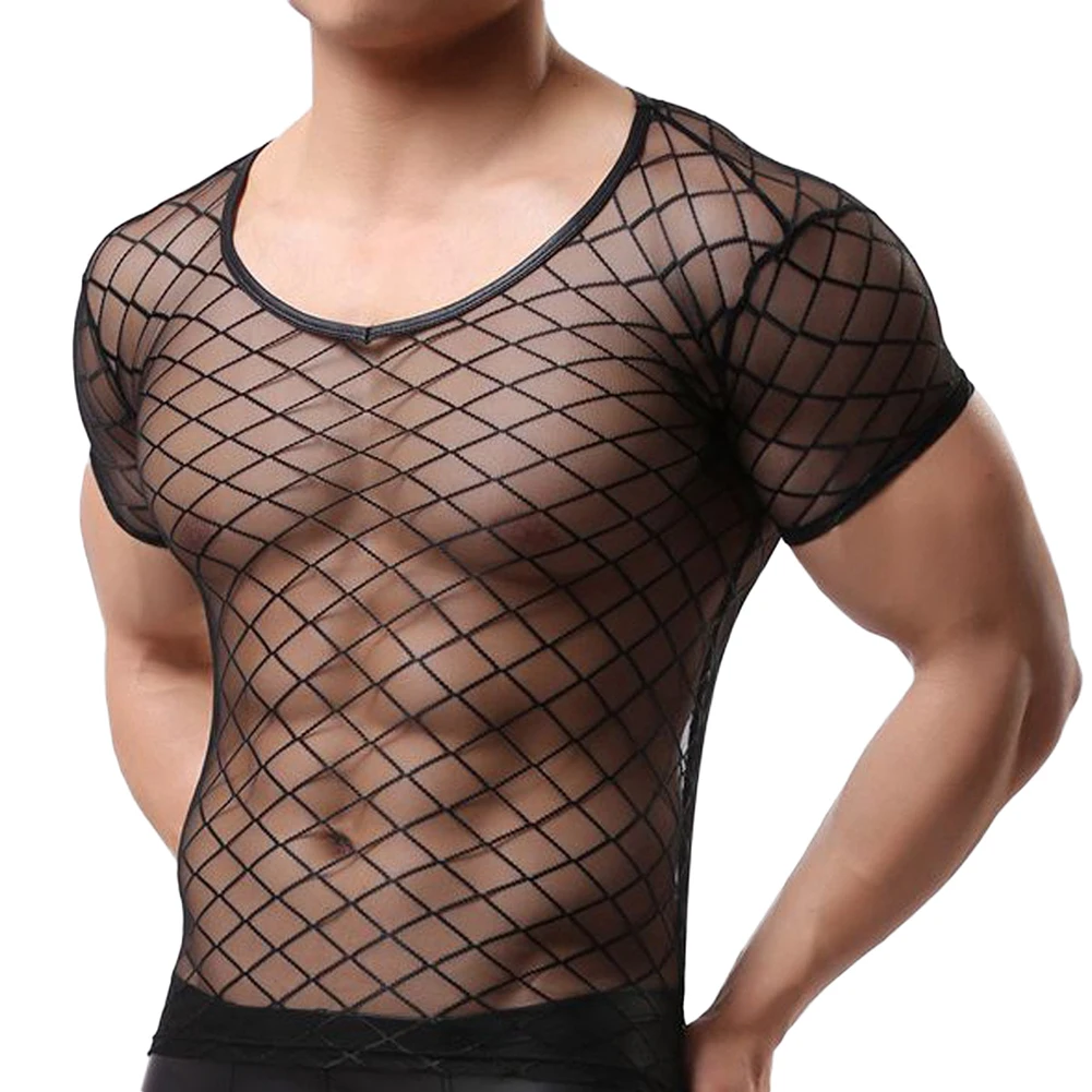 Mens Mesh See Through Shirt Undershirt Sheer Net Sleeveless Top Sexy Lingerie T Shirt Summer Transparent Open Knit Inner Wear