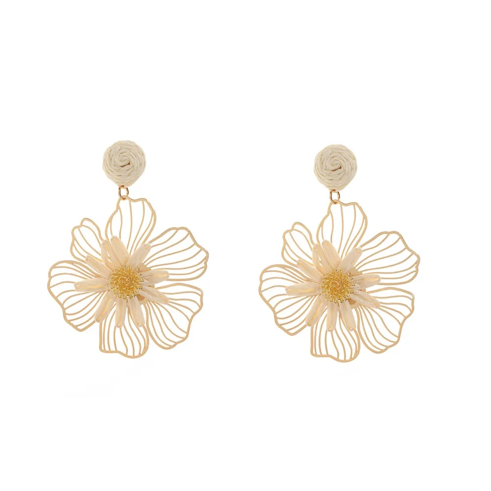 Sweet Summer Raffia Grass Flower Earrings Lafite Grass Alloy Straw Drop earrings Handmade Exaggerated Bohemian Earrings Gifts