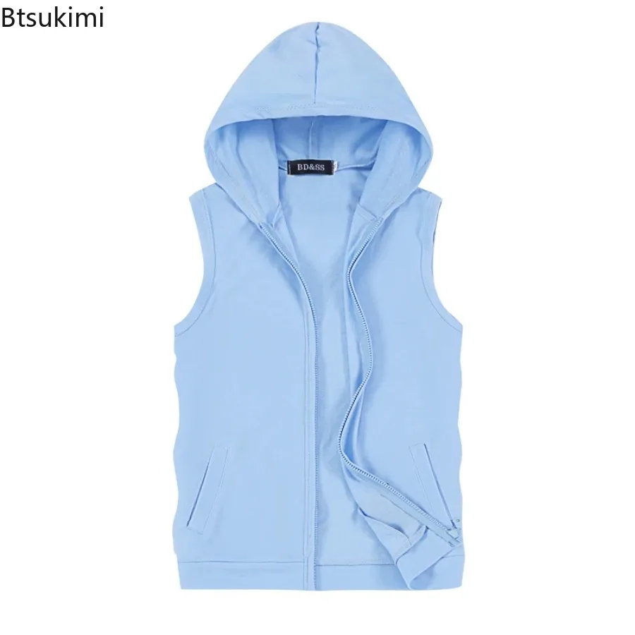 New Men Solid Color Hooded Vest Fashion Open Front Sweatshirt Jacket Versatile Casual Loose Fit Male Daily Streetwear Outerwear