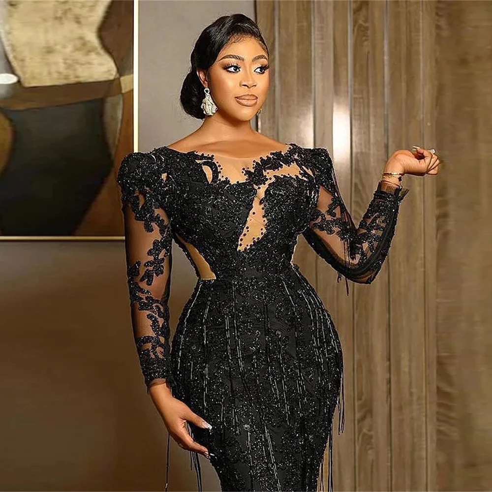 Mermaid Sexy Black Evening Dresses Jewel Neck Illusion Lace Appliques Crystal Beaded Party Dress Long Sleeves Formal Prom Gowns