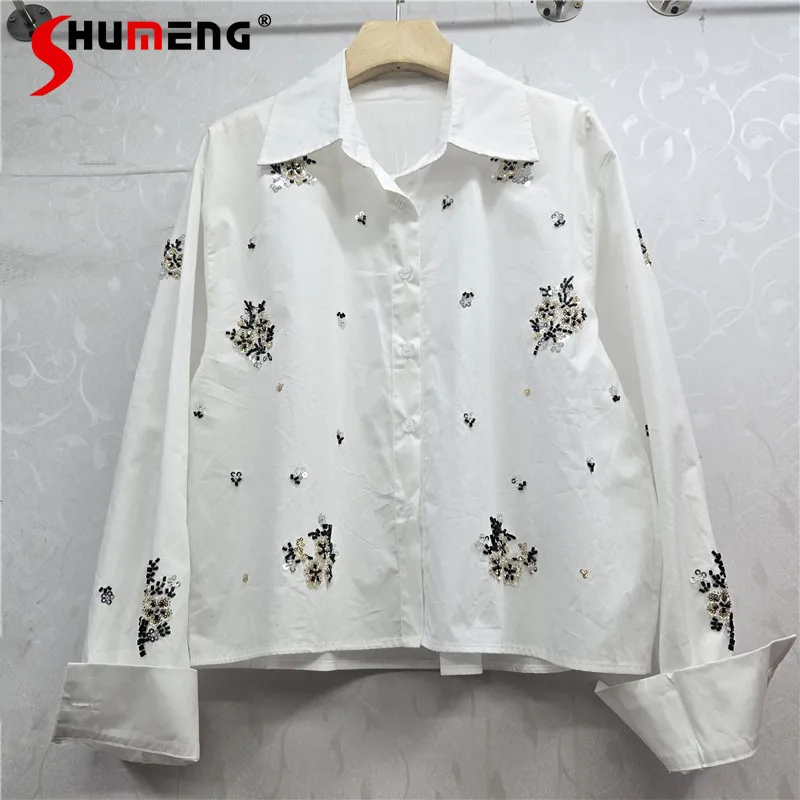 

2025 Autumn New Women's Shirts Feminine Floral Sequin Embroidery Loose Striped Shirts Loose Comfort Chic Jacket Long Sleeve Tops
