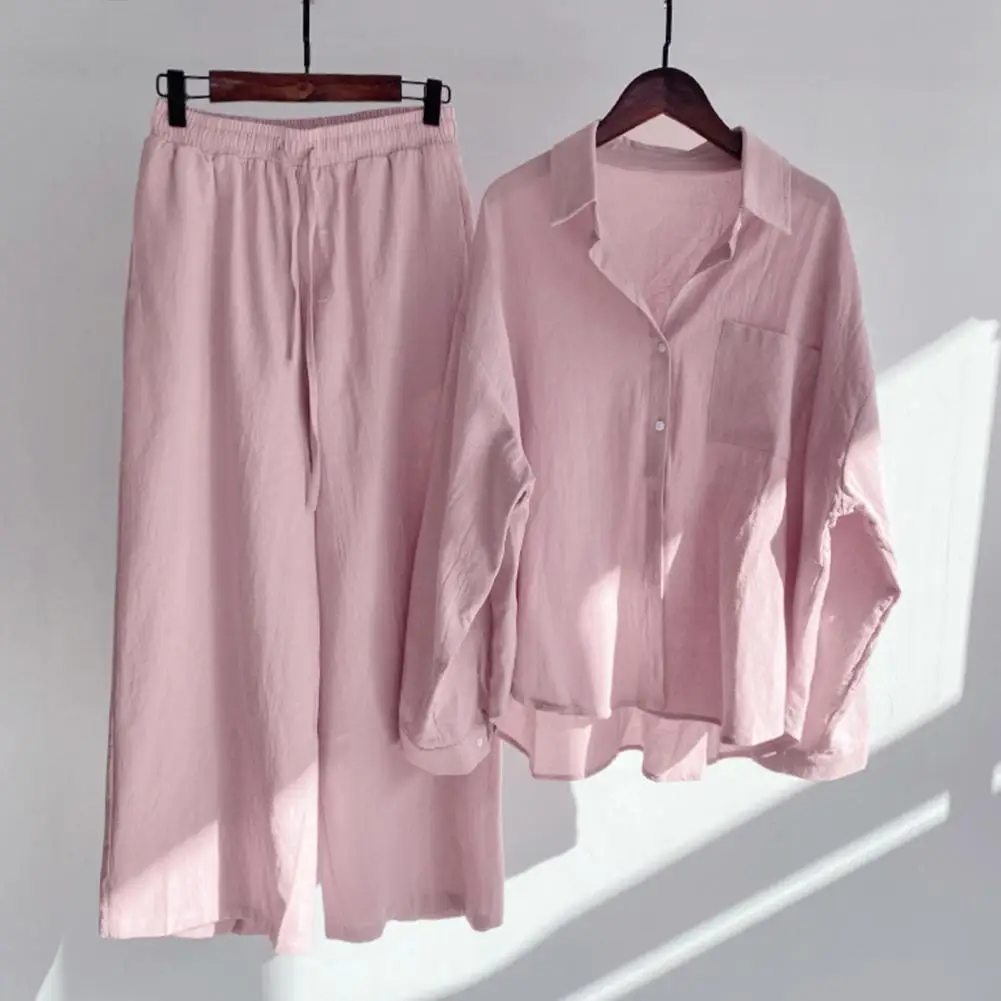 2 Pcs/Set Trendy Solid Color Turn-down Collar Women Blouse Trousers Set Wide Leg Long Sleeves T-shirt Pants Set