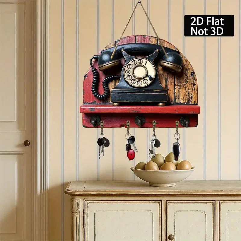 Vintage Rotary Phone 2D  Wooden Key Holder Black Golden Wall Mount Storage Box Space Saving Decor Porch Villa Home Keys Accessor