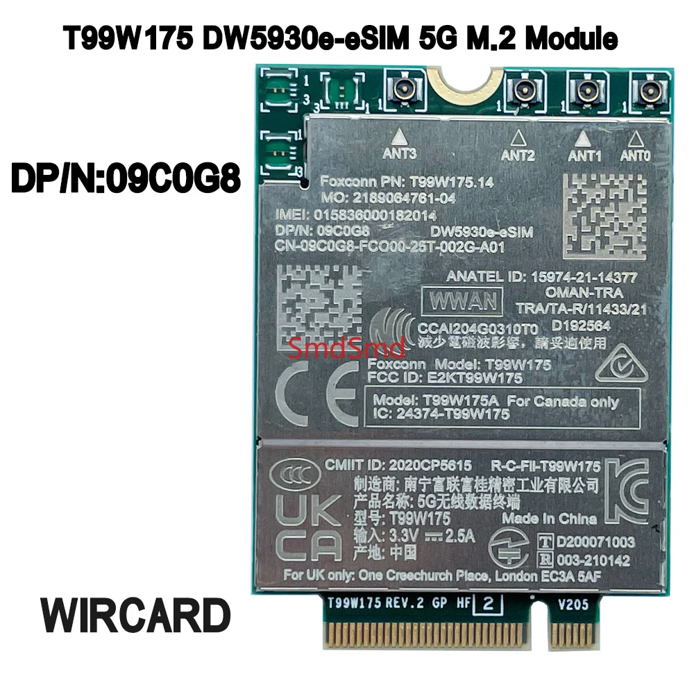 Módulo T99W175 DW5930e-eSIM DW5932e-eSIM X55 5G DP/N 09C0G8 1Gbps Cat 16 para portátiles Dell Latitude 5430 7330 7430 7760 9420 9520