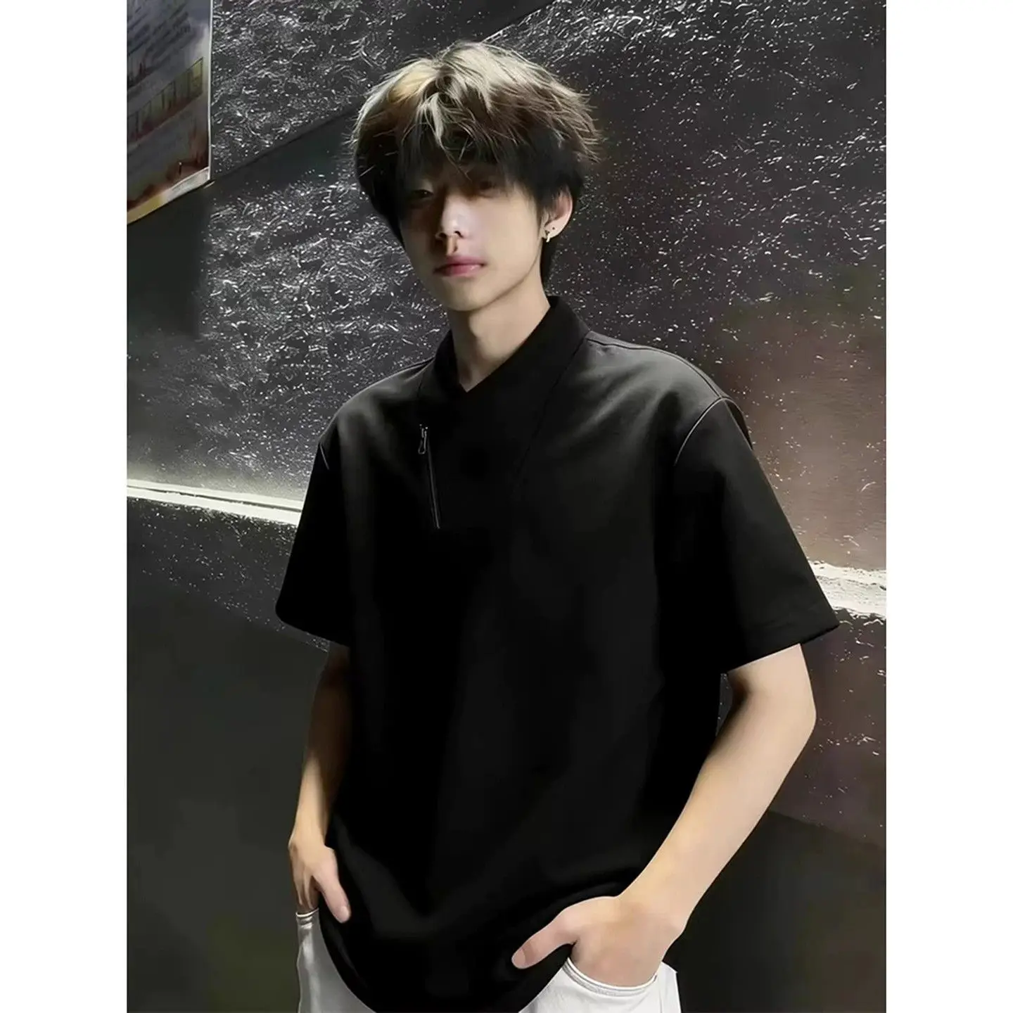 Men Diagonal Zip Stand Collar T Shirt Summer Boxy Fit Short Sleeve Male Niche Design Streetwear Cool Guy Plain Half Sleeve Tees