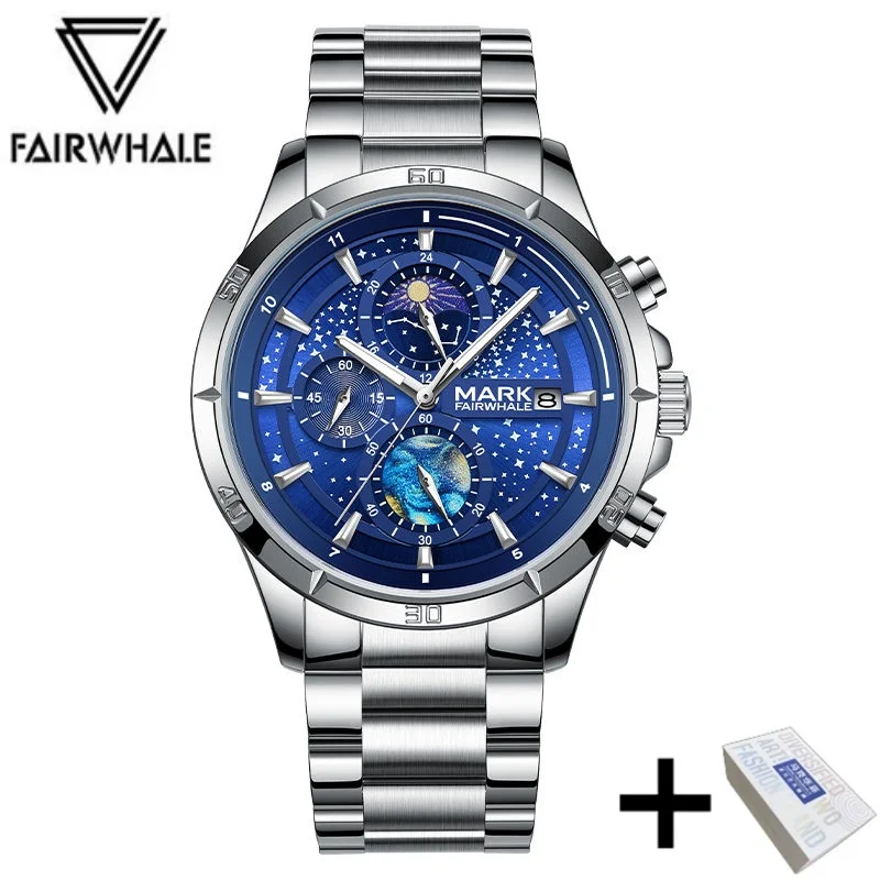 

Мужские кварцевые наручные часы Mark Fairwhale 5022 с дизайном «Звездное небо» (масляная живопись), календарем, из нержавеющей стали, светящиеся, водонепроницаемые